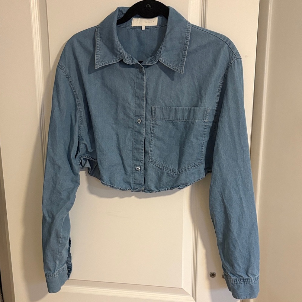 Zara Light Blue Cropped Button-Down Shirt